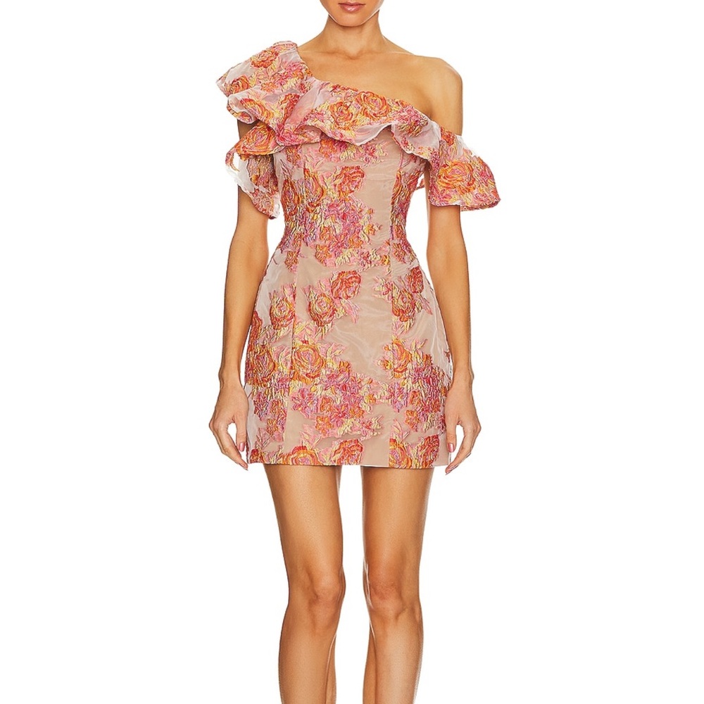 Pink and Orange Ruffled Tiered Sheath Dress with Flutter Sleeves